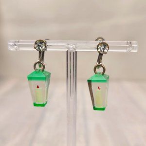 Lucite Candle Lantern Earrings in Green - Vintage, Christmas, Pinup, Screwback